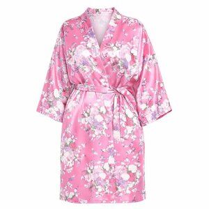 Women's Floral Color Rose Short Satin Kimono Robe Size XL (NWT)